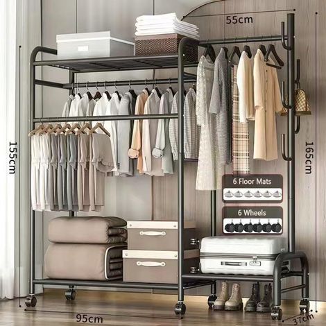 Perchero resistente con sistema de doble colgado, estantes para guardar zapatos, estructura metálica robusta, perchero con 5 ganchos, perchero duradero con estante (1/4)