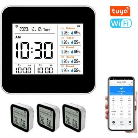 VURAHOME – Tuya 13-in-1 Smart WiFi Thermometer Hygrometer, präziser Temperatur- und Feuchtigkeitsmonitor für Innenräume, Anzeige von Uhrzeit, Kalender und Wecker, unterstützt Fernsteuerung per App, fü (1/5)