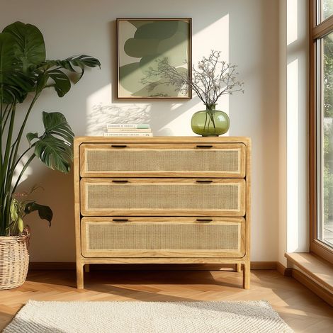 AMY - Commode 3 tiroirs 100cm en bois de mindi et rotin naturel (1/5)