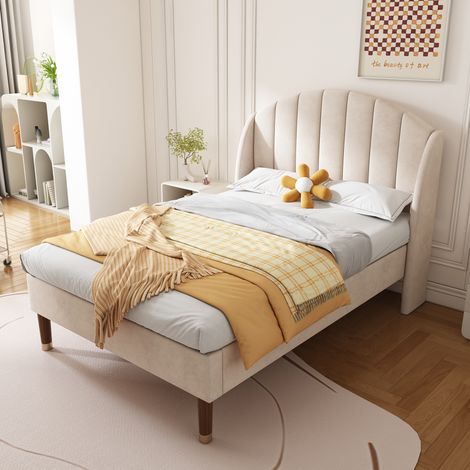 CHICFURN Cama individual 90x200 cm de terciopelo beige con cabecero y somier de láminas (1/5)