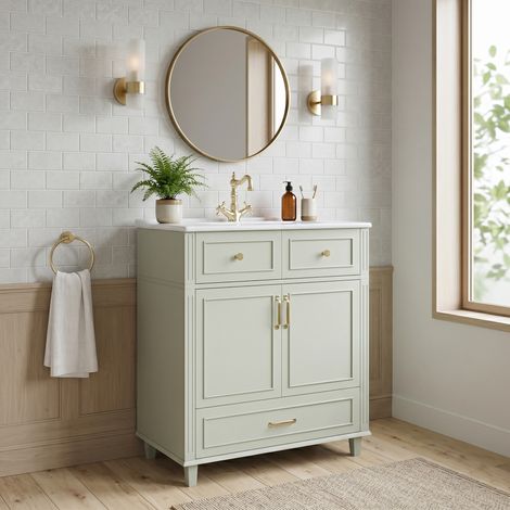 URBAN MEUBLE Meuble de Salle de Bain 81cm avec Vasque Céramique, Tiroir Soft-Close, Vert (robinet non inclus) (1/5)