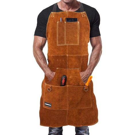 Tablier de Soudeur Professionnel en Cuir pour Homme avec 6 Poches. Tablier de Soudure Durable de Travail Anti-Flamme et Protection pour Forgeron. (1/5)