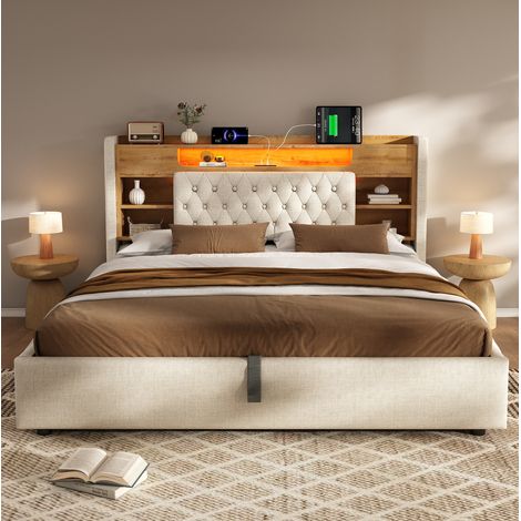 Lit capitonné rétro 160x200 cm en lin beige avec tête de lit rangement, LED, ports USB/USB-C et coffre hydraulique (1/5)