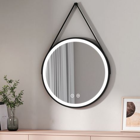 EMKE Espejo de Baño con Luz, Espejo Baño Redondo Marco Negro con Interruptor tactil + Función de Memoria + Bandolera Ajustable Espejo Pared, Diámetro 70 cm Luz blanca fría Luz cálida Luz neutra (1/5)