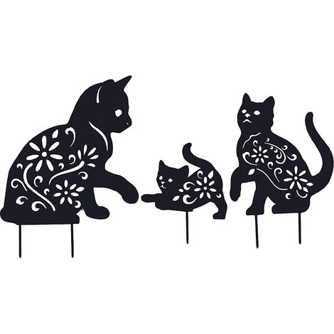 Piquet Décoratif Jardin - Silhouette Chat Noir en Métal - Lot de 3 - Extérieur Résistant aux Intempéries - Pour Pelouse, Parterre ou Balcon
