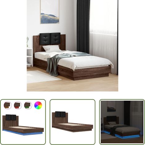 vidaXL LED-Leuchten - Bettgestell mit Kopfteil und LED-Leuchten Braun Eiche 90x200 cm (1/5)