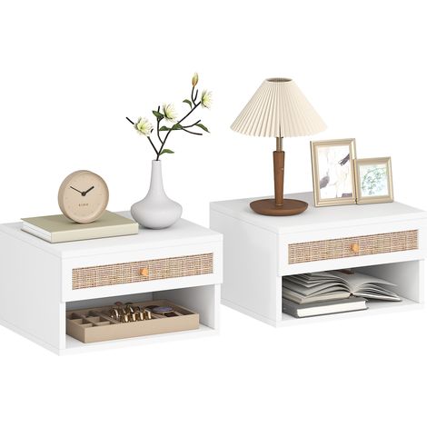 HOMCOM juego de mesitas de noche flotantes con cajón de ratán, mesillas de noche dormitorio de pared con estante abierto, 40x34x23cm, blanco