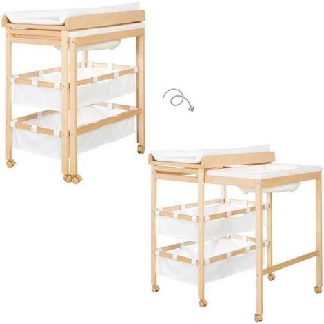 Table a langer extensible avec baignoire - ROBA - BABY POOL - Matelas a langer 'Roba Style' blanc inclus - Bois naturel