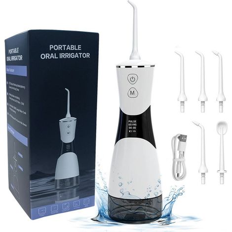 Hydropulseur dentaire sans fil, hydropulseur dentaire électrique portable, jet d'eau de 350 ml, nettoyant dentaire doux pour les gencives, élimine la plaque dentaire et les particules alimentaires. (1/5)