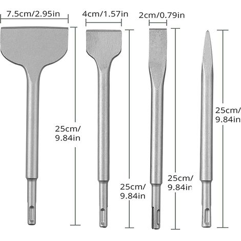 Set mit 4 Betonmeißeln und Bohrer für Schlagbohrmaschinen, bestehend aus einem Spitzmeißel und einem Flachmeißel (20 mm, 40 mm und 75 mm).
