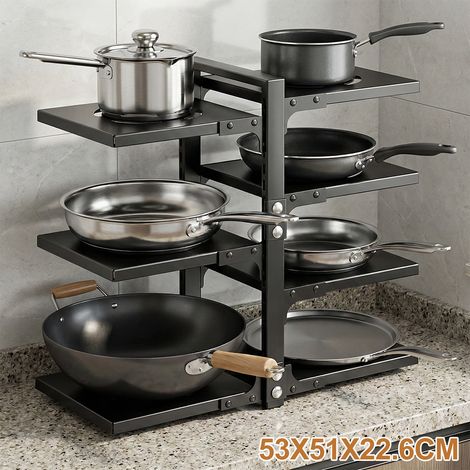 Organiseur de casseroles 7 niveaux réglables et robustes pour armoire, plusieurs modes d'utilisation, support de casseroles et poêles pour comptoir de cuisine et armoire (1/5)