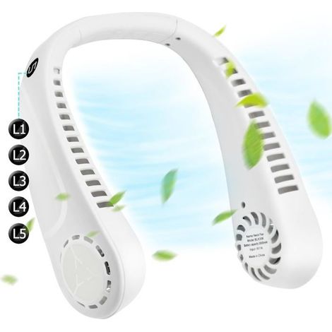 Ventilateur de cou portable, ventilateur de cou rechargeable sans pales à 5 vitesses, peut porter des écouteurs, (1/5)