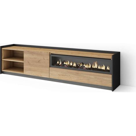 Mueble TV Mijas-02 de 207x50x37 cm con chimenea y luces LED, color roble y negro (1/4)