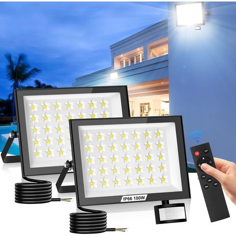 2Pack Projecteur Exterieur LED 100W à Detecteur de Mouvement avec Télécommande, 10000LM 6500K Spot LED Extérieur Super Lumineux, Lampe de Sécurité Étanchéité IP66 pour Jardin Terrasse