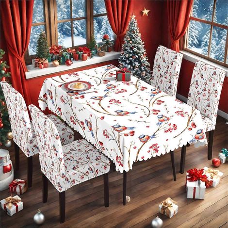 Ensemble de nappe et housse de chaise de Noël en soie de lait imperméable, imprimé, référence TC-237 (140 x 210 cm). (1/2)