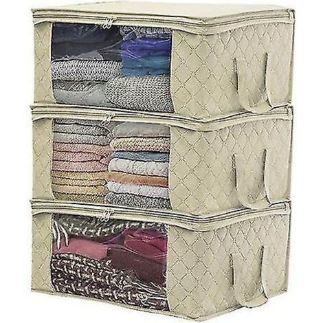 Lot de 3 boîtes de rangement pliables en tissu,  rangement pour vêtements avec fermeture éclair, utilisé pour les couvertures, les vêtements, 49 x 36 x 21 cm, beige (1/5)