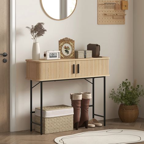 Console meuble. table console avec portes coulissantes à lattes et pieds en acier. pour salon. chêne et noir
