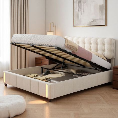 Letto 140x190 cm in velluto beige, LED integrata, sistema idraulico, telaio in metallo e legno