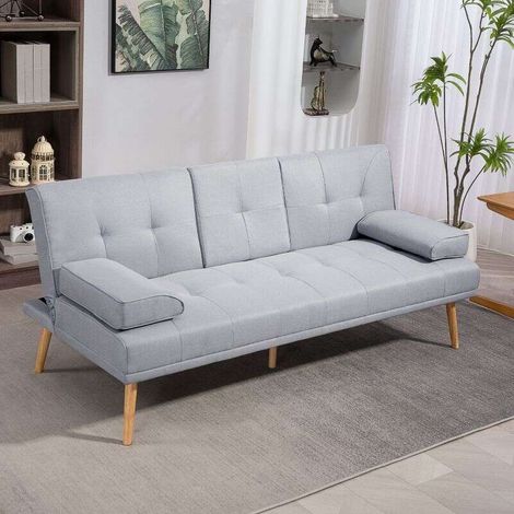 Canapé-lit 3 places HOMCOM avec table pliante, porte-gobelets, aspect lin, pour salon, gris clair (1/5)