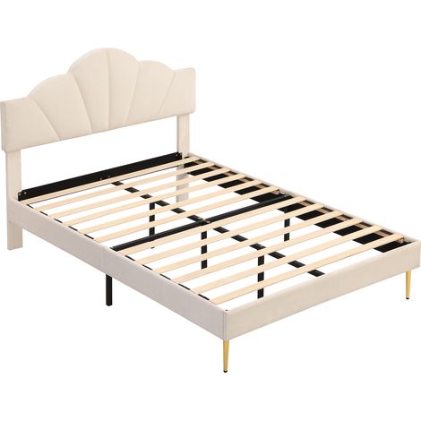 Cama doble tapizada 140x190 cm de terciopelo beige, cabecero ajustable, patas doradas HOMVRA (1/5)