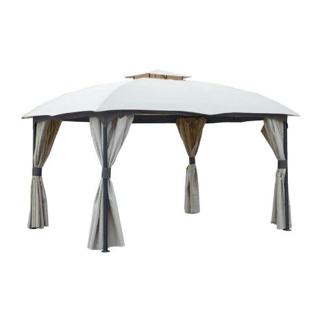 Gazebo Utah en tissu me'tallique en polyester e'cru 3,3x3,3 m complet avec rideaux pour fermetures late'rales pour jardin exte'rieur