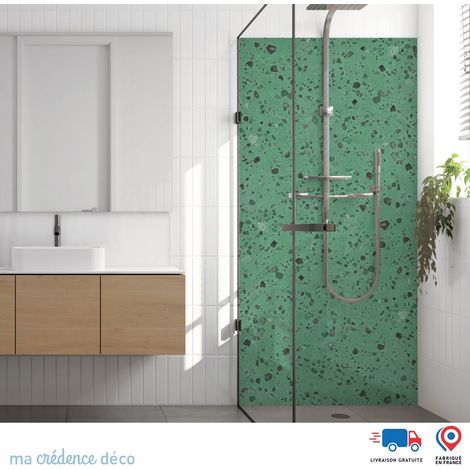 Panneau de douche : Terrazzo Pierre de Lune - Couleur Vert émeraude - Alu composite - 90 - 245 (1/3)