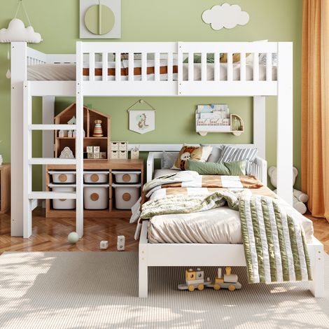 Adaptable en L ou séparé Lit combiné enfant 90x200 cm pour chambre partagée en pin massif sécurisé avec lattes (1/5)