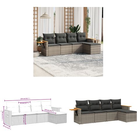 5-tlg. Garten-Sofagarnitur mit Kissen Grau Poly Rattan - Gartenmöbel - Sofa Set - Rattan Möbel - Outdoor Sofa - Lounge Set - Home & Living (1/3)