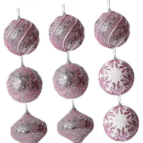 Lot de 9 boules de Noël roses pour décorer votre sapin et vos fêtes. (1/5)