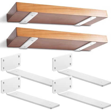 Lot de 4 - Support étagère flottante - Fixation murale métal - Montage invisible pour rangement salon cuisine bureau - Blanc - 25cm (1/5)