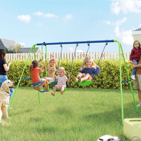 Balançoire portique 3 en 1 métal pour enfant, 3 places, hauteur réglable, charge 180 kilogrammes, pour 3+, couleur verte, extérieur