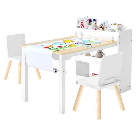 Mesa Infantil, con 2 Sillas y Armario de 3 Niveles, Conjunto de Mesa de Arte para Leer, Aprender, Dibujar y Escribir, para Guardería, Blanco, 102,5 x 58 x 64 cm, para Niños de 2 a 8 Años (1/5)