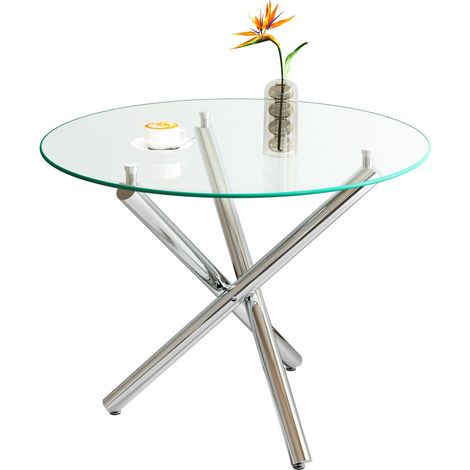 Table de salle à manger ronde , plateau verre trempé, pieds métal, design moderne minimaliste, table basse 80x80x76cm (1/5)