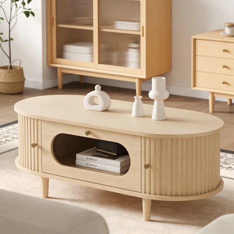 URBAN MEUBLE Table basse effet bois en effet rotin tressé avec portes coulissantes 105x55x40cm