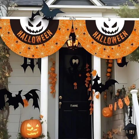 Lot de 2 guirlandes d'Halloween avec des fanions « Joyeux Halloween », des citrouilles et des fantômes à suspendre dans le jardin. (1/2)
