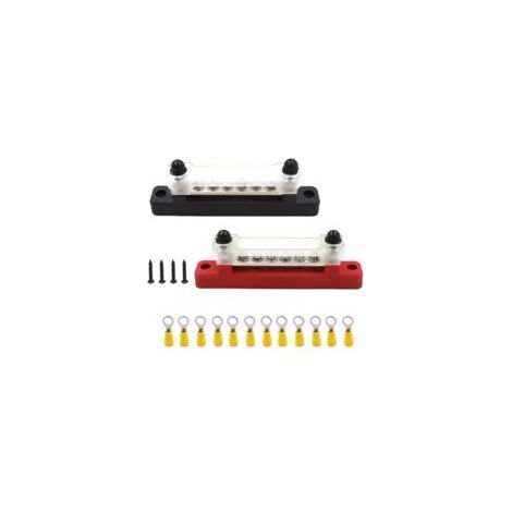 Barre omnibus à 6 bornes avec couvercle pour distribution d'alimentation et mise à la terre, compatible avec voitures, bateaux, camionnettes, remorques, camping-cars et autres véhicules - Rouge et noi
