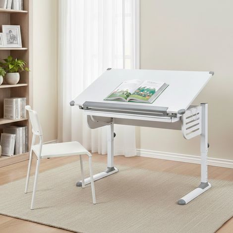 Dmora Bureau réglable en hauteur avec étagère inclinable, en métal blanc, 110x68x55-78 cm (1/5)