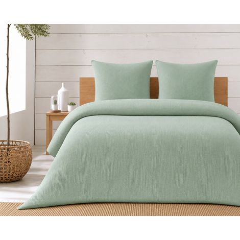 Parure de lit complète 260 x 240 cm gaze de coton – 2 taies 63x63 cm + drap housse 160x200 cm Sauge