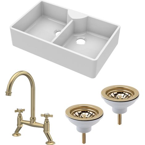 Fireclay Kitchen Bundle - 895mm Double Bowl Butler Sink with 2 Wastes & Bridge Crosshead Tap - Brushed Brass (1/5)