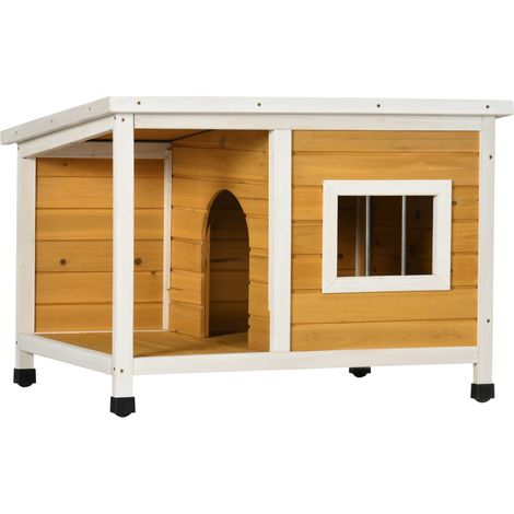 Niche pour chien en bois de sapin naturel avec véranda, toit ouvrant et pieds réglables, 85,5 x 62 x 60 cm, orange (1/5)