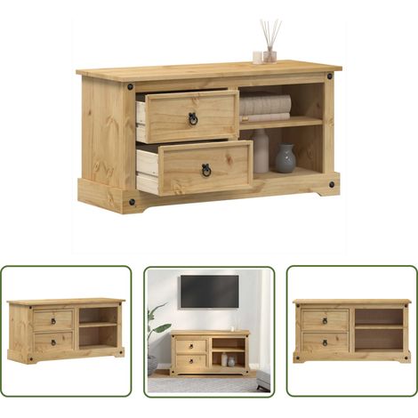 The Living Store Meuble TV Corona 100x40x52 cm bois de pin massif - Meuble Tv - Meuble Tv Bois - Meuble Tv Design - Meuble Tv Moderne - Meuble Tv Industriel (1/5)