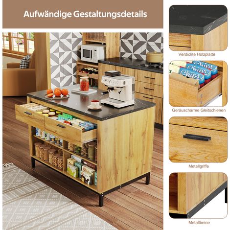 Îlot de cuisine rustique 120x75x90 cm – Meuble avec 2 tiroirs et 4 étagères, finition chêne, plateau en marbre noir, structure métallique, espace bar à l'arrière (1/4)