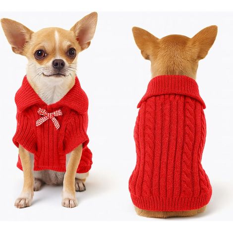 Pull à nœud papillon pour petit chien - Vêtement tricoté pour animaux - Vêtement d'hiver chaud - Fermeture éclair - Rouge - XL (1/5)
