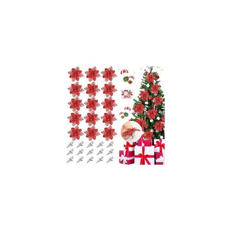 15 pezzi di poinsettia con glitter per Natale, fiori artificiali scintillanti per Natale, decorazioni floreali natalizie artificiali e luccicanti, ornamenti per albero di Natale e corona, rosso (1/5)