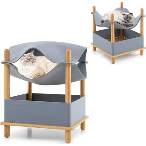 COSTWAY 2-Tier Wooden Cat House Modern Cat Tree w/Semi-enclosed Condo-Gray