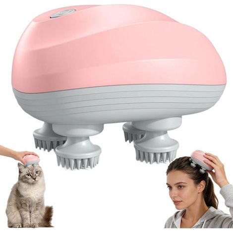 Masseur de Tête électrique Sans Fil, Kabelloses Kopfkratzmassagegerät avec 4 Têtes de Massage et 6 Modes, étanche IPX7,Masseur Portable pour Chats(Rose) (1/5)