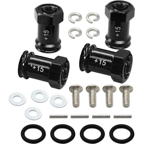 AHLSEN Lot de 4 adaptateurs hexagonaux en alliage d'aluminium (+15 mm) compatibles avec Traxxas 1/16 Mini E-Revo, Mini Slash, Mini Summit Upgrade Parts Noir (1/4)
