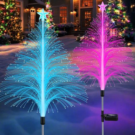Décorations de Noël solaires, lot de 2, lanternes solaires à fibre optique 5 couches, idéales pour décorer les patios, les jardins et les allées.