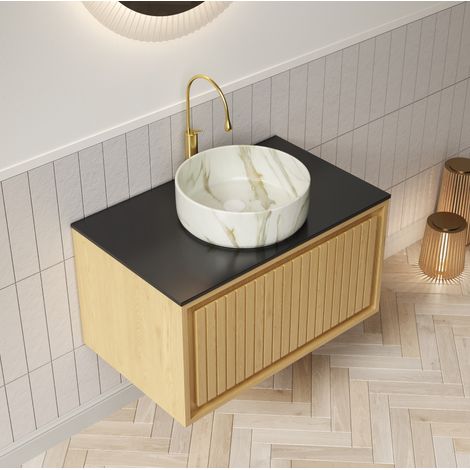 Mobile bagno sospeso 76x48x53,1 cm, ceramica nero e rovere, con vano contenitore FloraGrace (1/5)