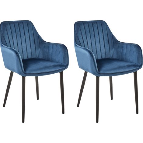 Juego de 2 sillas de comedor de terciopelo azul con reposabrazos patas de metal negro retro glam Wellston (1/5)